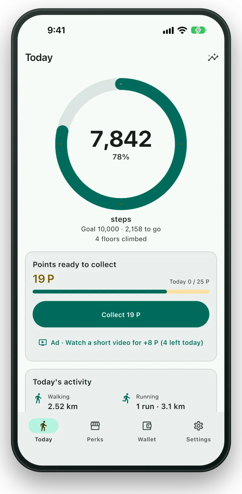 Gilu app home screen showing the daily step ring